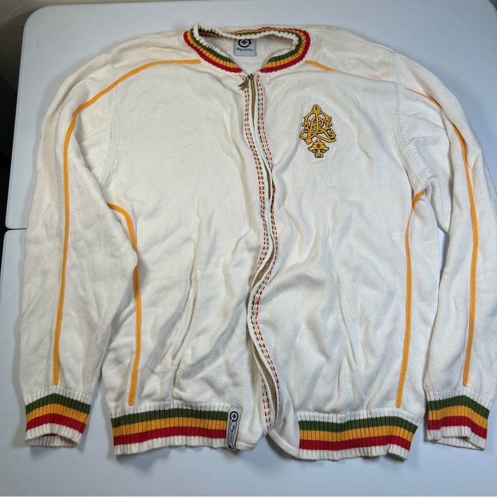 VTG LRG Lifted Research Group Knit Zip Up Sweater Rasta Cream Gold  Size XXL
